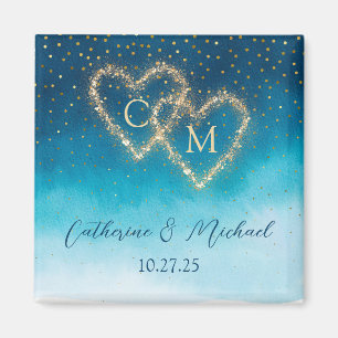 Blue & Gold Sparkles Monogram Watercolor Ombre Magnet