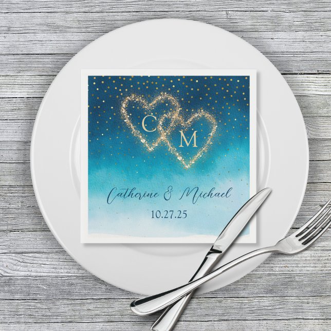 Blue & Gold Sparkles Monogram Watercolor Ombre  Napkin (Creator Uploaded)