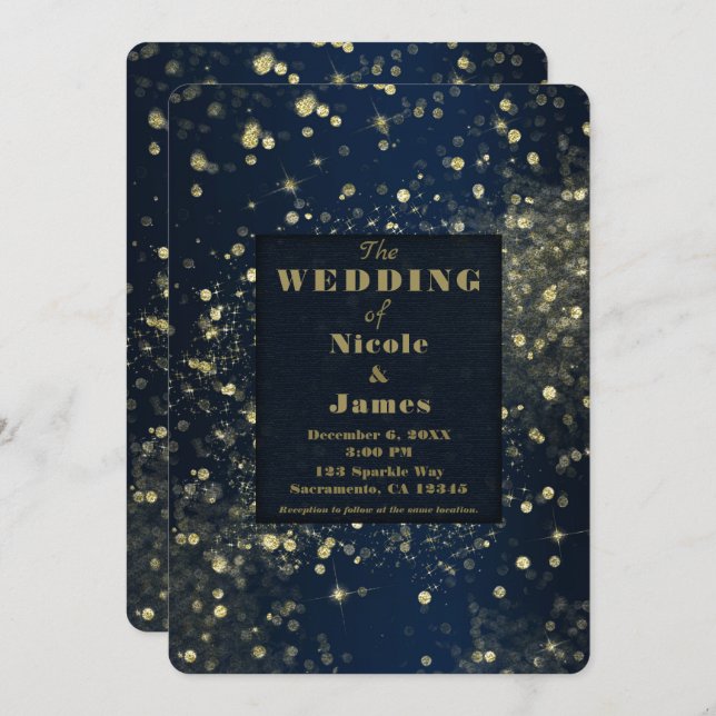 Blue & Gold Sparkling Lights Glam Chic Wedding Invitation (Front/Back)