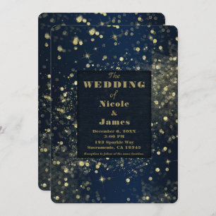 Blue & Gold Sparkling Lights Glam Chic Wedding Invitation