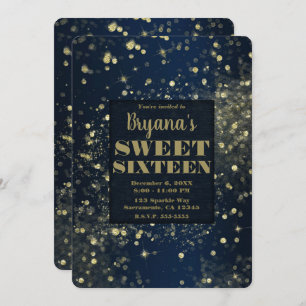 Blue & Gold Sparkling Lights Glam Sweet 16 Party Invitation