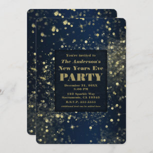 Blue Gold Sparkling Lights New Years Eve Party Invitation