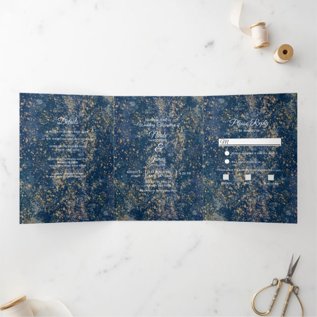 Blue Gold Splatter Modern Trifold Wedding Program (Inside)