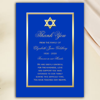 Blue Gold Star Jewish Sympathy Thank You Note Card