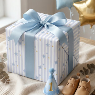 Blue Gold Star Stripe Boy First Birthday Wrapping  Paper