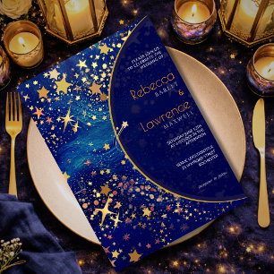 Blue gold starry night celestial magical wedding invitation