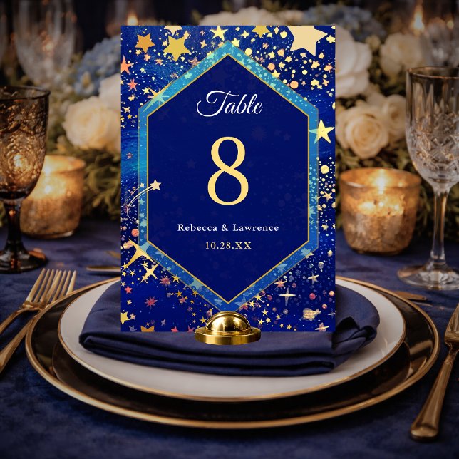 Blue gold starry night celestial magical wedding table number (Creator Uploaded)