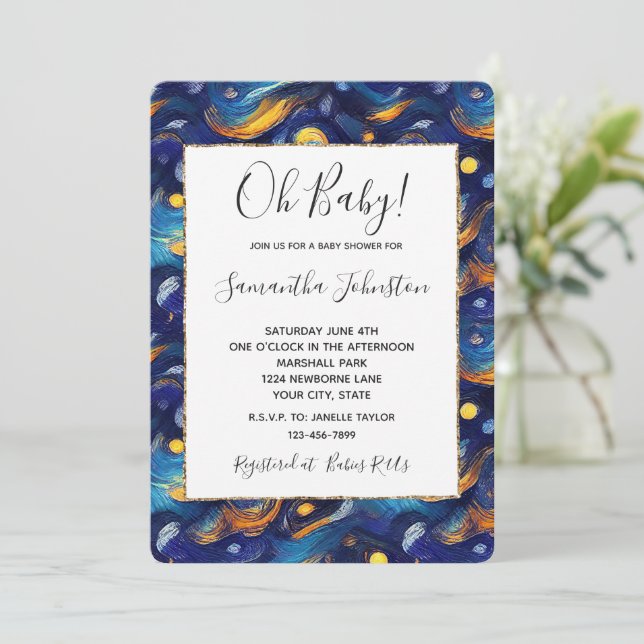Blue Gold Starry Sky Baby Shower Invitation (Standing Front)