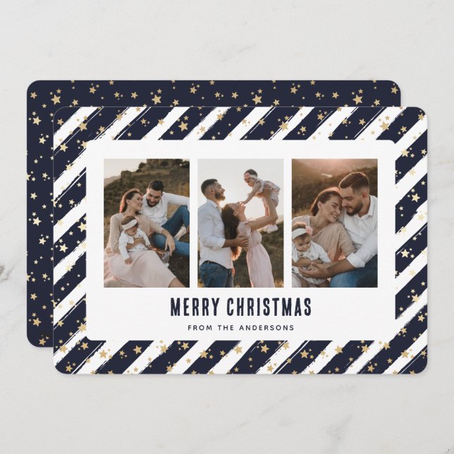 Blue Gold Stars 3 Photo Merry Christmas Card (Front/Back)