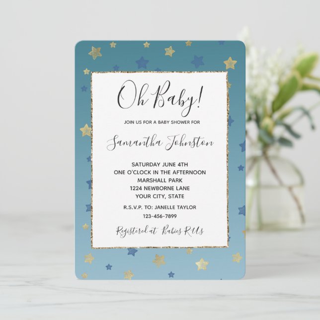Blue Gold Stars Aqua Baby Shower Invitation (Standing Front)