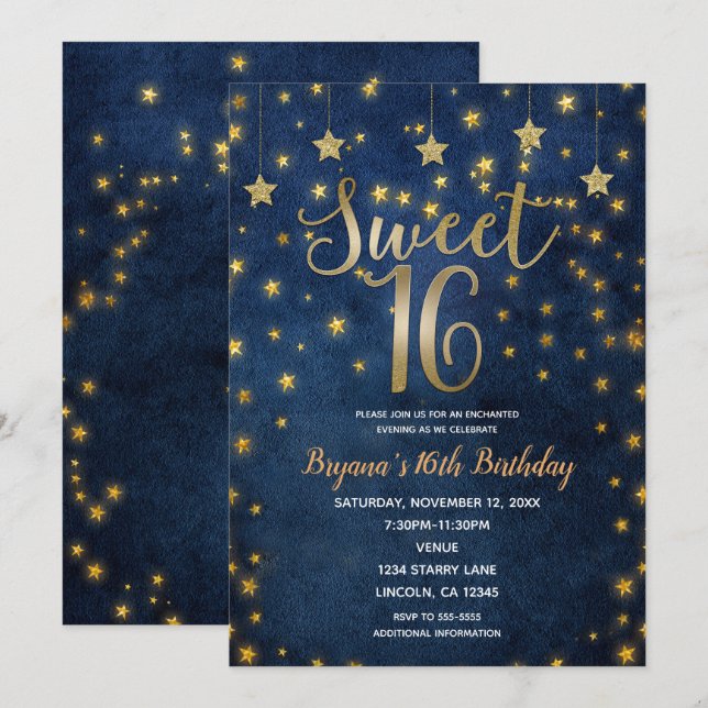 Blue & Gold Stars Celestial Sky Sweet 16 Party Invitation (Front/Back)