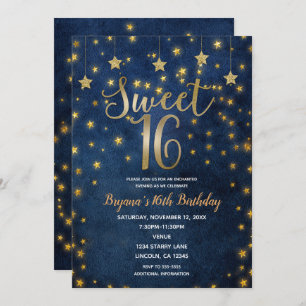 Blue & Gold Stars Celestial Sky Sweet 16 Party Invitation