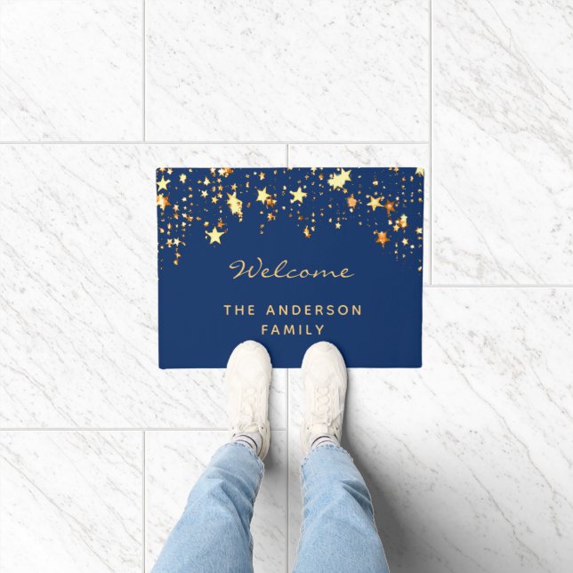 Blue gold stars family name welcome doormat (Indoor)