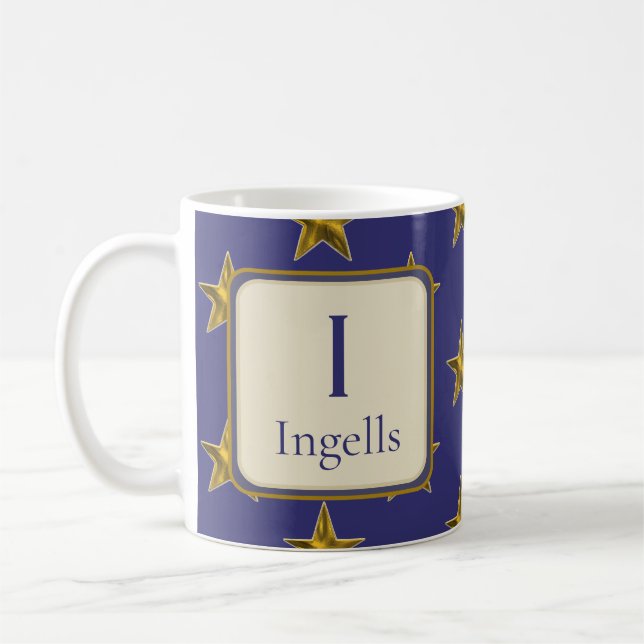 Blue Gold Stars Last Name Monogram Initial  Coffee Mug (Left)