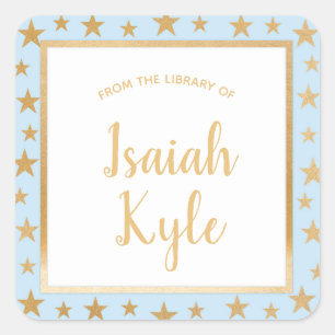 Blue gold stars library name bookplate square sticker
