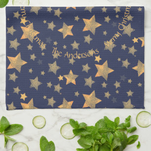 Blue Gold Stars Pattern Elegant Merry Christmas Tea Towel