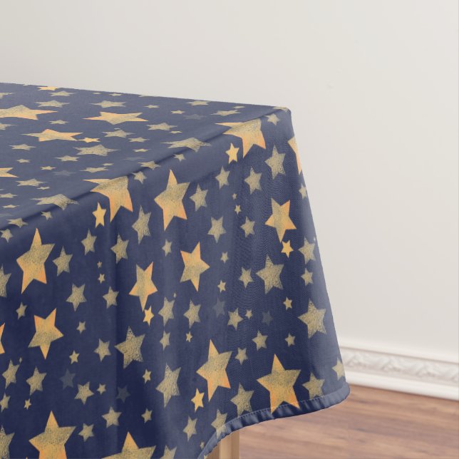 Blue Gold Stars Pattern Elegant Vintage Christmas Tablecloth (In Situ)