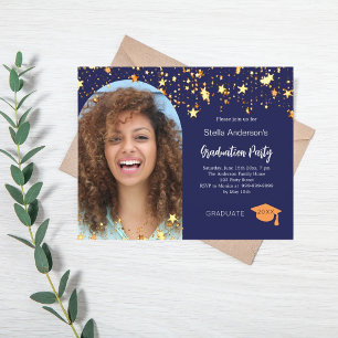 Blue gold stars photo graduation party invitation
