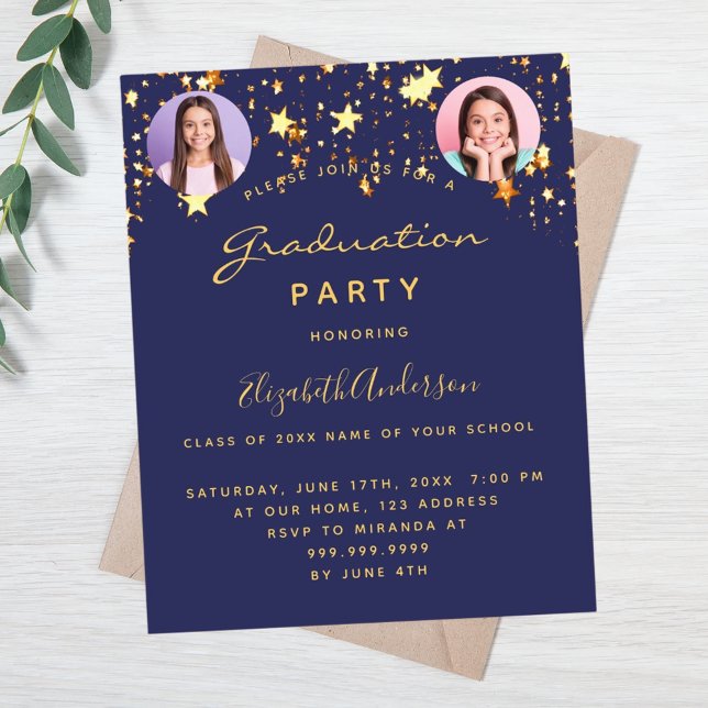 Blue gold stars photo graduation party invitation (Creator Uploaded)