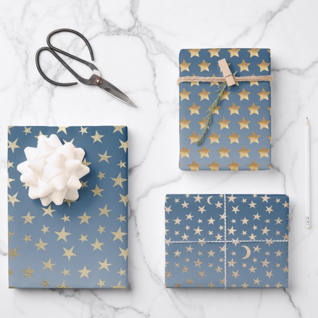 Blue Gold Stars Wrapping Paper Sheet (Front)