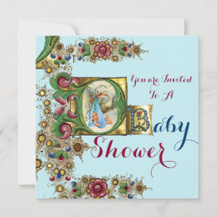 BLUE GOLD STORK BOY BABY SHOWER FLORAL MONOGRAM INVITATION