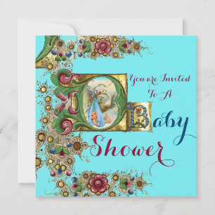 BLUE GOLD STORK BOY BABY SHOWER FLORAL MONOGRAM INVITATION
