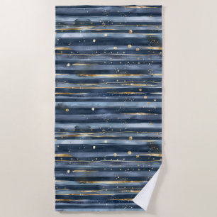 Blue Gold Stripes Dots Beach Towel