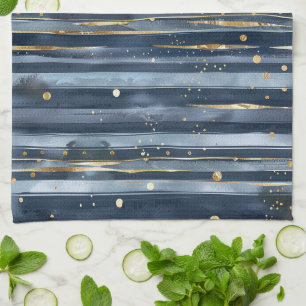 Blue Gold Stripes Dots Tea Towel