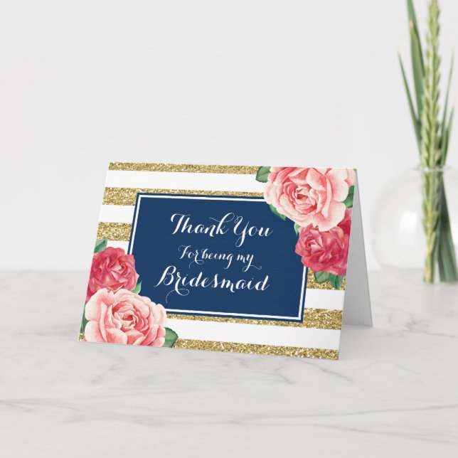Blue Gold Stripes Pink Floral Thanks Bridesmaid Thank You Card (Front)