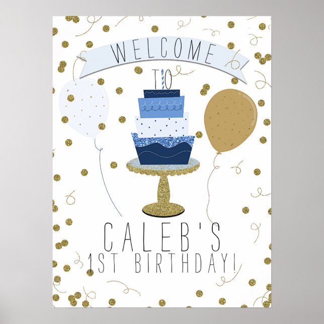 Blue & Gold Sugar is Sweet 1st First Birthday Cake Poster (Front)