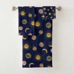 Blue Gold Sun Moon Planets Space illustration Bath Towel Set