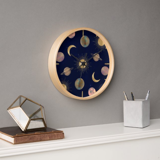 Blue Gold Sun Moon Planets Space illustration Clock (Office)