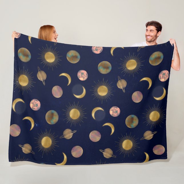 Blue Gold Sun Moon Planets Space illustration Fleece Blanket (In Situ)