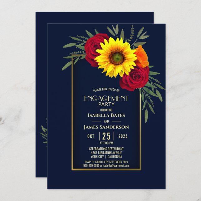 Blue Gold Sunflower Red Rose Engagement Party Invitation (Front/Back)
