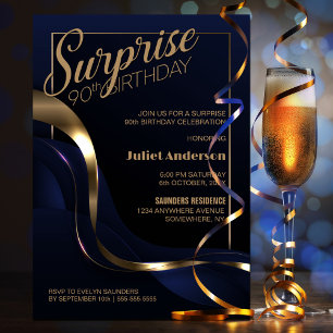 Blue Gold Surprise 90th Birthday Party Invitation