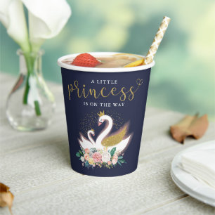 Blue Gold Swan Princess Pink Floral Baby Shower Paper Cups