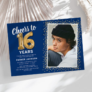 Blue Gold Sweet 16 Photo Invitation