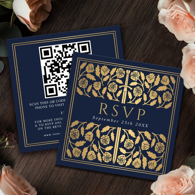 Blue Gold Sword Royal Wedding RSVP QR Code  Enclosure Card (Creator Uploaded)