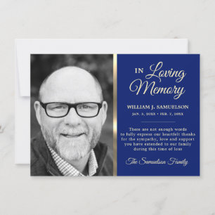 Blue Gold Sympathy Funeral Memory THANK YOU Photo Card