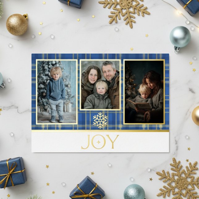 Blue & Gold Tartan Plaid Christmas Joy Photo Foil Holiday Card (Creator Uploaded)