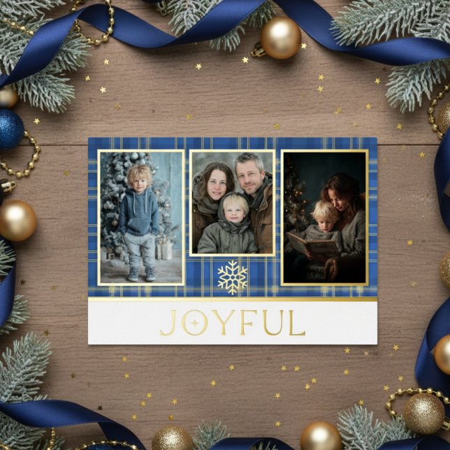Blue & Gold Tartan Plaid Christmas Joyful Photo Foil Holiday Card (Creator Uploaded)