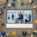 Blue & Gold Tartan Plaid Happy Hanukkah Photo Foil Holiday Card<br><div class="desc">Season's greetings and warm wishes! Our Hanukkah holiday greeting card is designed to celebrate the love and laughter of your family. The classic blue & gold tartan plaid background provides a festive and timeless feel, while the elegant gold foil wording an menorah at the bottom adds a touch of sophistication....</div>