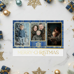 Blue & Gold Tartan Plaid Merry Christmas Photo Foil Holiday Card