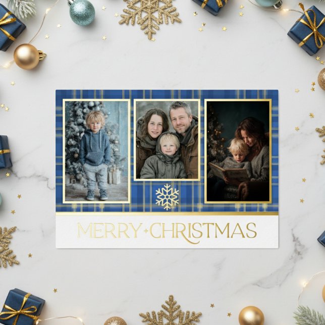 Blue & Gold Tartan Plaid Merry Christmas Photo Foil Holiday Card (Creator Uploaded)