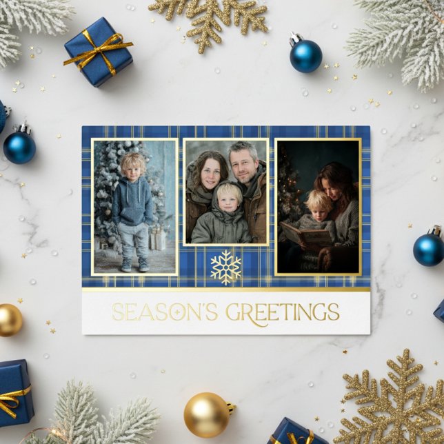 Blue & Gold Tartan Plaid Season's Greetings Photo Foil Holiday Card (Creator Uploaded)