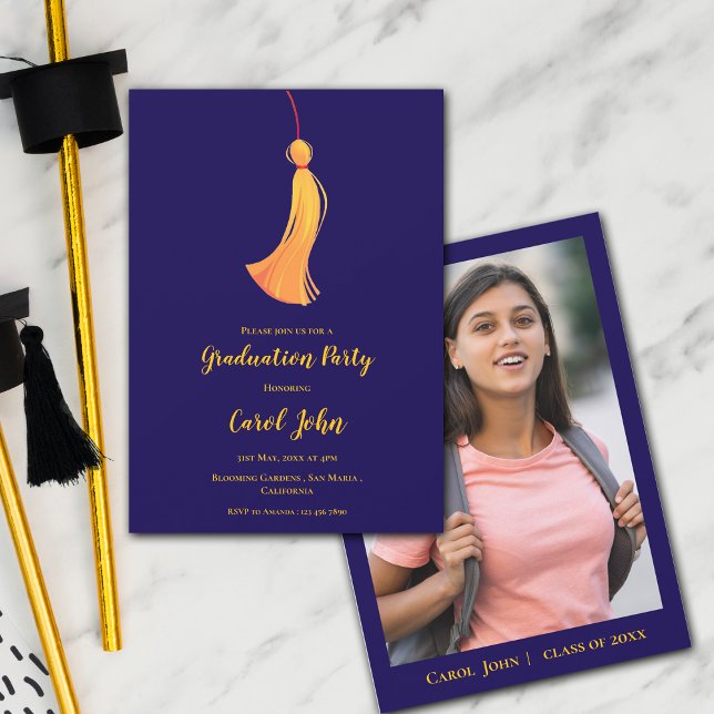 Blue Gold Tassel Cute Photo 2025 Graduation Party Invitation (Blue Gold Tassel Cute Photo 2025 Graduation Party Invitation)