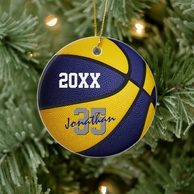 blue gold team colours basketball keepsake ceramic ornament (Tree)