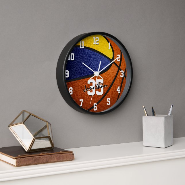 blue gold team colours basketball sports room clock (Office)