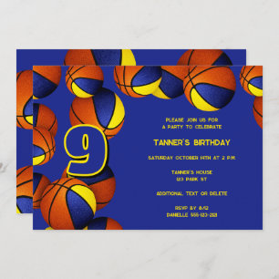 blue gold team colours basketballs kids party invitation
