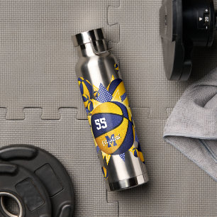 blue gold team colours basketballs stars girl's water bottle